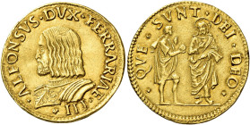 Ferrara. Alfonso I d’Este, 1505-1534 

Doppio ducato, AV 6,86 g. ALFONSVS DVX FERRARIAE III Busto barbuto e corazzato a s. Rv. QVE SVNT DEI DEO Gesù...