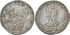 Milano. Francesco II Sforza, 1522-1525 

Grosso da 15 soldi, AR 6,24 g. Testina di S. Ambrogio DVX MEDIOLANI Stemma inquartato sormontato da corona ...