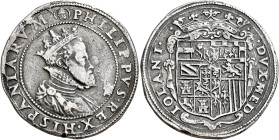 Milano. Filippo II di Spagna, 1556-1598 

Mezzo scudo, AR 17,29 g. Testina di S. Ambrogio PHILIPPVS REX HISPANIARVM Busto coronato e corazzato con c...