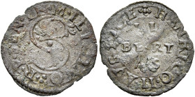 Montalcino. Repubblica di Siena, 1555-1559 

Quattrino, Mist. 0,44 g. + R P SEN IN M ILICINO S fogliata. Rv. HENRICO II AVSPICE Legenda LI / BERT / ...