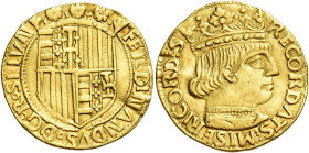 Napoli. Ferdinando I d’Aragona, 1458-1494 

Ducato dal 1458 al 1472, AV 3,45 g. FERDINANDVS D G R S I I VN Stemma coronato, inquartato di Napoli (Un...
