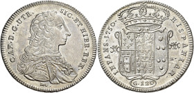 Napoli. Carlo di Borbone, 1734-1759 

Piastra 1750, AR 25,35 g. CAR D G UTR – SIC ET HIER REX Busto drappeggiato e corazzato a d.; sotto, DeG (Giova...