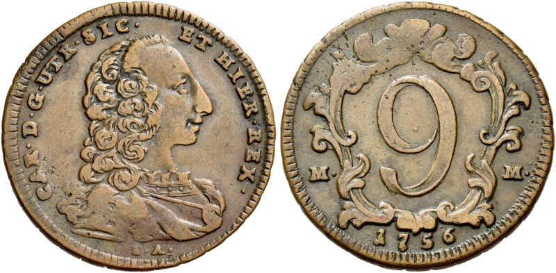 Napoli. Carlo di Borbone, 1734-1759 

Da 9 cavalli 1756, Cu 4,90 g. CAR D G UT...