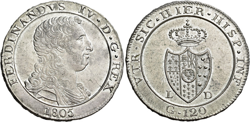Napoli. II periodo: 1799-1805 

Piastra 1805, AR 27,45 g. FERDINANDVS IV D G R...