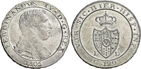 Napoli. II periodo: 1799-1805 

Piastra 1805, AR 27,45 g. FERDINANDVS IV D G REX Busto corazzato con capelli ricci a d.; sotto, nel giro, 1805. Rv. ...