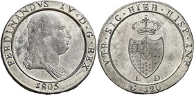 Napoli. II periodo: 1799-1805 

Piastra 1805, AR 27,57 g. FERDINANDVS IV D G REX Busto corazzato con capelli lisci a d.; sotto, nel giro, 1805. Rv. ...