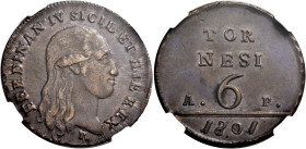 Napoli. II periodo: 1799-1805 

Da 6 tornesi 1801, Cu. FERDINAN IV SICIL ET HIE REX Testa a d.; sotto, P (Domenico Perger, incisore). Rv. TOR / NESI...