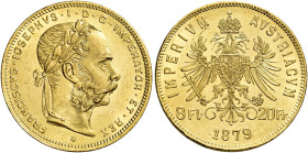 Francesco Giuseppe d’Asburgo-Lorena imperatore, 1848-1916. 

Da 20 franchi o 8 fiorini 1879 Vienna. Varesi 205. Friedberg 502. q.Fdc