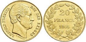 Leopoldo I, 1831-1865. 

Da 20 franchi 1865 Bruxelles. Varesi 224. Friedberg 411. Migliore di Spl