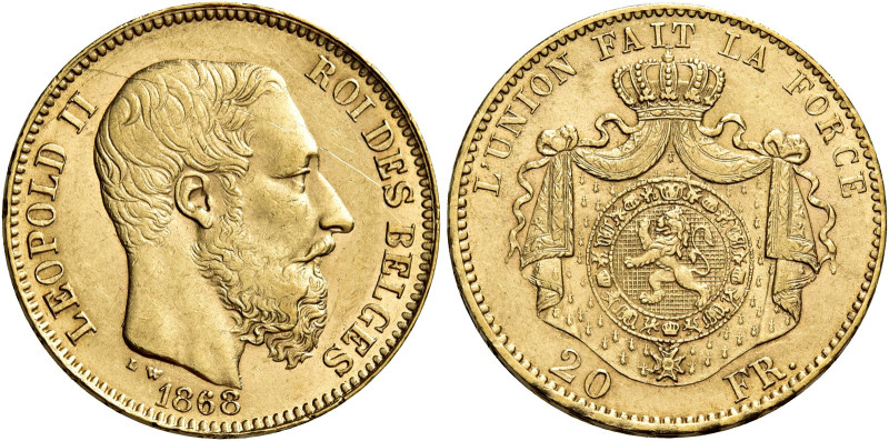 Leopoldo II, 1865-1909. 

Da 20 franchi 1868 Bruxelles. Varesi 227. Friedberg ...