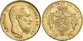 Leopoldo II, 1865-1909. 

Da 20 franchi 1868 Bruxelles. Varesi 227. Friedberg 412. Graffio al dr., altrimenti migliore di Spl