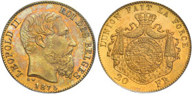Leopoldo II, 1865-1909. 

Da 20 franchi 1875 Bruxelles. Varesi 232. Friedberg 412. Fdc In slab PCGS MS 66, n. di riferimento 25211.66/9790948.