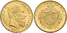 Leopoldo II, 1865-1909. 

Da 20 franchi 1875 Bruxelles. Varesi 232. Friedberg 412. Fdc