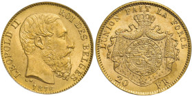 Leopoldo II, 1865-1909. 

Da 20 franchi 1876 Bruxelles. Varesi 233. Friedberg 412. Fdc In slab ANACS MS 65, n. di riferimento 1504009.