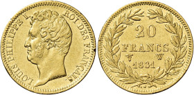 Luigi Filippo, 1830-1848. 

Da 20 franchi 1831 W – Lille. Taglio in incuso. Varesi 399. Gadoury 1030. Le Franc F524/4. Friedberg 556a. Rara. BB
