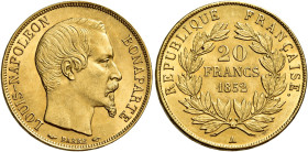 Luigi Napoleone Bonaparte presidente, 1852. 

Da 20 franchi 1852 A – Parigi. Varesi 449. Gadoury 1060. Le Franc F530/1. Friedberg 568. q.Fdc