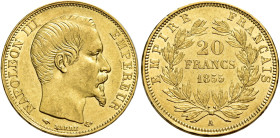 Napoleone III imperatore, 1852-1870. 

Da 20 franchi 1855 A mano/ancora – Parigi. Varesi 455. Gadoury 1061. Le Franc F531/4. Friedberg 573. Spl