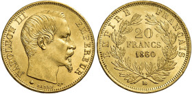 Napoleone III imperatore, 1852-1870. 

Da 20 franchi 1860 BB – Strasburgo. Varesi 468. Gadoury 1061. Le Franc F531/20. Friedberg 574. q.Fdc