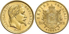 Napoleone III imperatore, 1852-1870. 

Da 20 franchi 1862 A – Parigi. Varesi 471. Gadoury 1062. Le Franc F532/3. Friedberg 584. q.Fdc