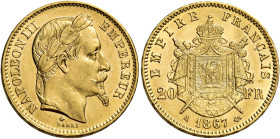 Napoleone III imperatore, 1852-1870. 

Da 20 franchi 1867 A – Parigi. Varesi 481. Gadoury 1062. Le Franc F532/15. Friedberg 584. q.Fdc