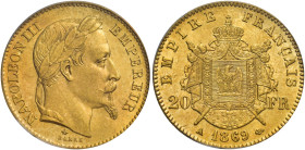 Napoleone III imperatore, 1852-1870. 

Da 20 franchi 1869 A – Parigi. Varesi 485. Gadoury 1062. Le Franc F532/20. Friedberg 584. Conservazione eccez...