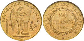 Terza Repubblica, 1870-1940. 

Da 20 franchi 1896 A – Parigi. Varesi 510. Gadoury 1063. Le Franc F533/19. Friedberg 592. Fdc In slab NGC MS 64, n. d...