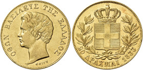 Ottone, 1832-1862. 

Da 20 dracme 1833 Monaco. Varesi 537. Friedberg 10. Molto rara. Graffietto nel campo del dr., altrimenti q.Spl/Spl