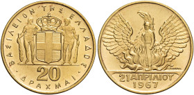 Costantino II, 1964-1973. 

Da 20 dracme 1967 (1970). Varesi 545. Friedberg 22. Rara. Fdc In slab NGC MS 67, n. di riferimento 6632180-018.