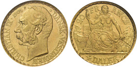 Cristiano IX, 1863-1906. 

Da 4 daler o 20 franchi 1905 P – Copenhagen. Varesi 555. Friedberg 2. Molto rara. Conservazione eccezionale, Fdc In slab ...