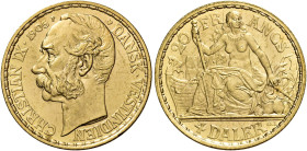 Cristiano IX, 1863-1906. 

Da 4 daler o 20 franchi 1905 P – Copenhagen. Varesi 555. Friedberg 2. Molto rara. q.Fdc