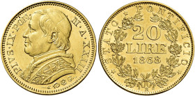 Roma. Pio IX, 1846-1878. Monetazione decimale, 1866-1870. 

Da 20 lire anno XXIII/1868. Varesi 178. Pagani 534. MIR 3162/8. Friedberg 280. Migliore ...