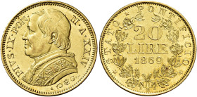 Roma. Pio IX, 1846-1878. Monetazione decimale, 1866-1870. 

Da 20 lire anno XXIV/1869. Varesi 180. Pagani 536. MIR 3162/10. Friedberg 280. q.Fdc