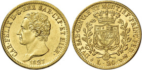 Savoia. Carlo Felice, 1821-1831. 

Da 20 lire 1827 Torino. Varesi 18. Pagani 54. MIR 1034j. Friedberg 1136. Fondi lucenti, q.Fdc