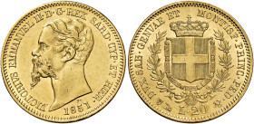 Savoia. Vittorio Emanuele II re di Sardegna, 1849-1861. 

Da 20 lire 1851 Genova. Varesi 73. Pagani 339. MIR 1055c. Friedberg 1147. Spl