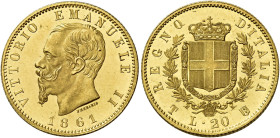 Savoia. Vittorio Emanuele II re d’Italia, 1861-1878. 

Da 20 lire 1861 Torino. Varesi 97. Pagani 455. MIR 1078a. Friedberg 11. Esemplare con fondi s...