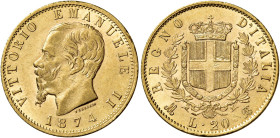 Savoia. Vittorio Emanuele II re d’Italia, 1861-1878. 

Da 20 lire 1874 Milano. Varesi 114. Pagani 470. MIR 1078q. Friedberg 13. Spl