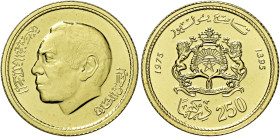 Hassan II, 1962-1999. 

Da 250 dirhams 1975 (1395) Londra. Varesi 567. Friedberg 6. Rara. Fdc