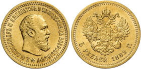 Alessandro III, 1881-1894. 

Da 5 rubli 1889 San Pietroburgo. Varesi 596. Friedberg 169. q.Fdc