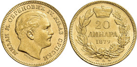 Milan Obrenovich IV, 1868-1889. 

Da 20 dinari 1879 Parigi. Varesi 558. Friedberg 3. Rara. q.Fdc