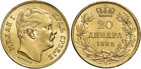 Milan Obrenovich IV, 1868-1889. 

Da 20 dinari 1882 Vienna. Varesi 560. Friedberg 4. Non comune. q.Fdc In slab NGC MS 61, n. di riferimento 6632181-...