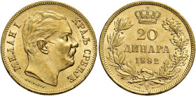 Milan Obrenovich IV, 1868-1889. 

Da 20 dinari 1882 Vienna. Varesi 560. Friedberg 4. Non comune. Colpetto alle ore 6 del rov., altrimenti Spl