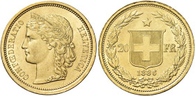 Confederazione, 1848-. 

Da 20 franchi 1886 Berna. Varesi 640. HMZ 1194b. Friedberg 495. q.Fdc