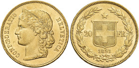 Confederazione, 1848-. 

Da 20 franchi 1891 Berna. Varesi 645. HMZ 1194g. Friedberg 495. Migliore di Spl