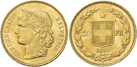 Confederazione, 1848-. 

Da 20 franchi 1892 Berna. Varesi 646. HMZ 1194h. Friedberg 495. q.Fdc