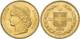 Confederazione, 1848-. 

Da 20 franchi 1896 Berna. Varesi 652. HMZ 1194n. Friedberg 495. q.Fdc