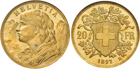 Confederazione, 1848-. 

Da 20 franchi 1897 Berna. Varesi 655. HMZ 1195a. Friedberg 499. Fdc In slab NGC MS66, n. di riferimento 290243-001.