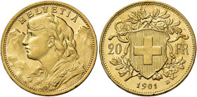 Confederazione, 1848-. 

Da 20 franchi 1901 Berna. Varesi 660. HMZ 1195f. Friedberg 499. Fdc