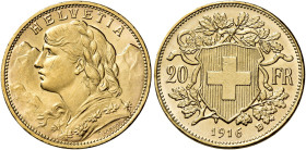 Confederazione, 1848-. 

Da 20 franchi 1916 Berna. Varesi 675. HMZ 1195u. Friedberg 499. Fdc