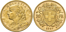 Confederazione, 1848-. 

Da 20 franchi 1930 Berna. Varesi 680. HMZ 1195z. Friedberg 499. Fdc