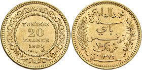 Muhammad Al-Hadi Bey, 1906-1922. 

Da 20 franchi 1904 Parigi. Varesi 700. Friedberg 12. Migliore di Spl